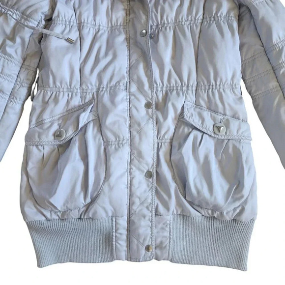 Naf Naf Silver Snap Front Zip Jacket Real Fur Detachable Packable Hood Small - Picture 4 of 12